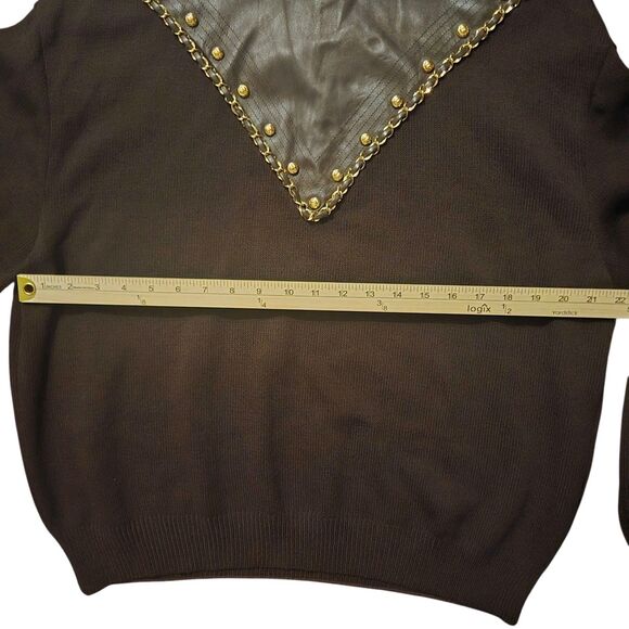 St John By Marie Gray Wool Leather Santana Knit Sweater L Metallic Gold Link - Picture 6 of 7